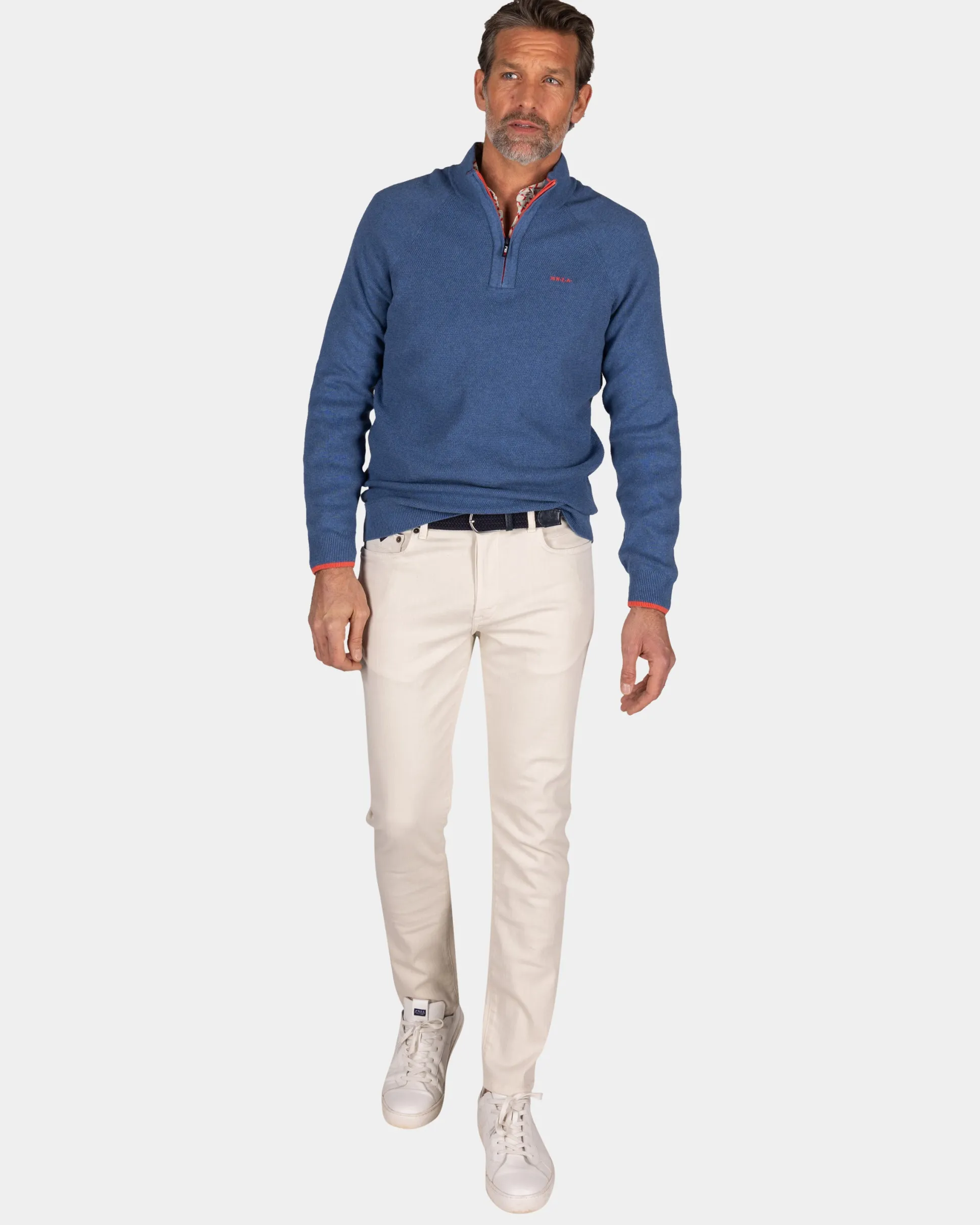 Solid blue cotton pullover with half zip
