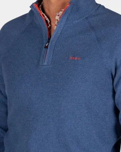 Solid blue cotton pullover with half zip