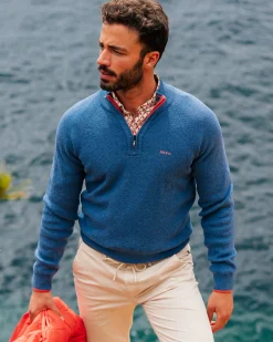 Solid blue cotton pullover with half zip