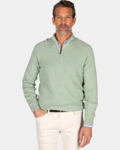 Solid green cotton pullover with half zip