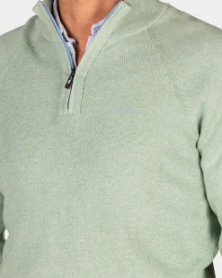 Solid green cotton pullover with half zip