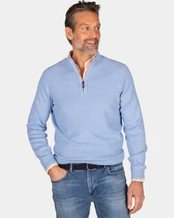 Solid light blue cotton pullover with half zip