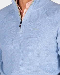 Solid light blue cotton pullover with half zip