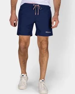 Solid Navy Swim Shorts with Pink Details