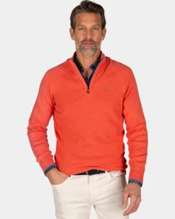 Solid orange cotton pullover with half zip