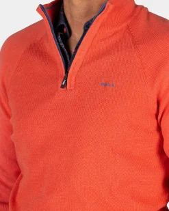 Solid orange cotton pullover with half zip