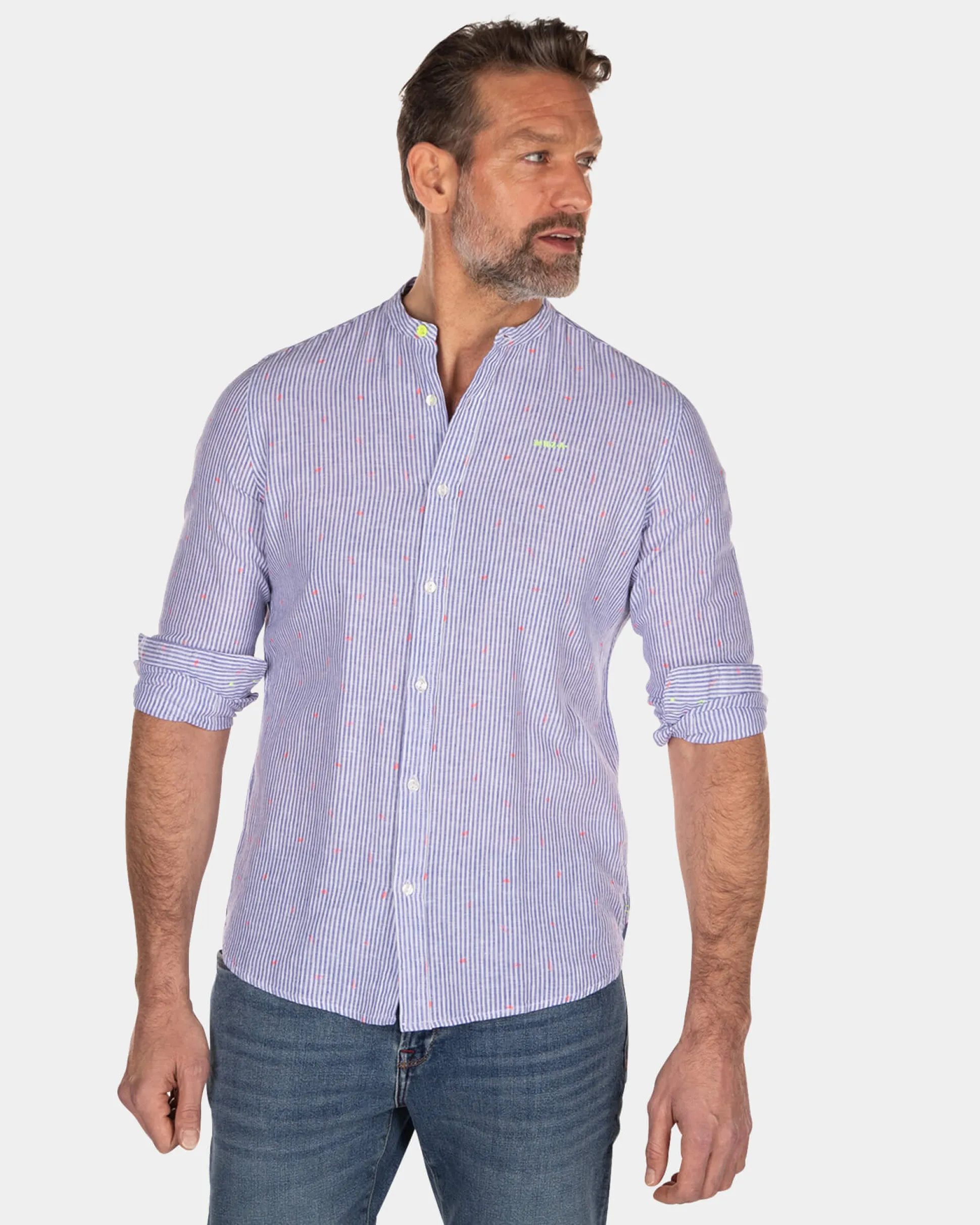 Striped collarless shirt - Light Blue