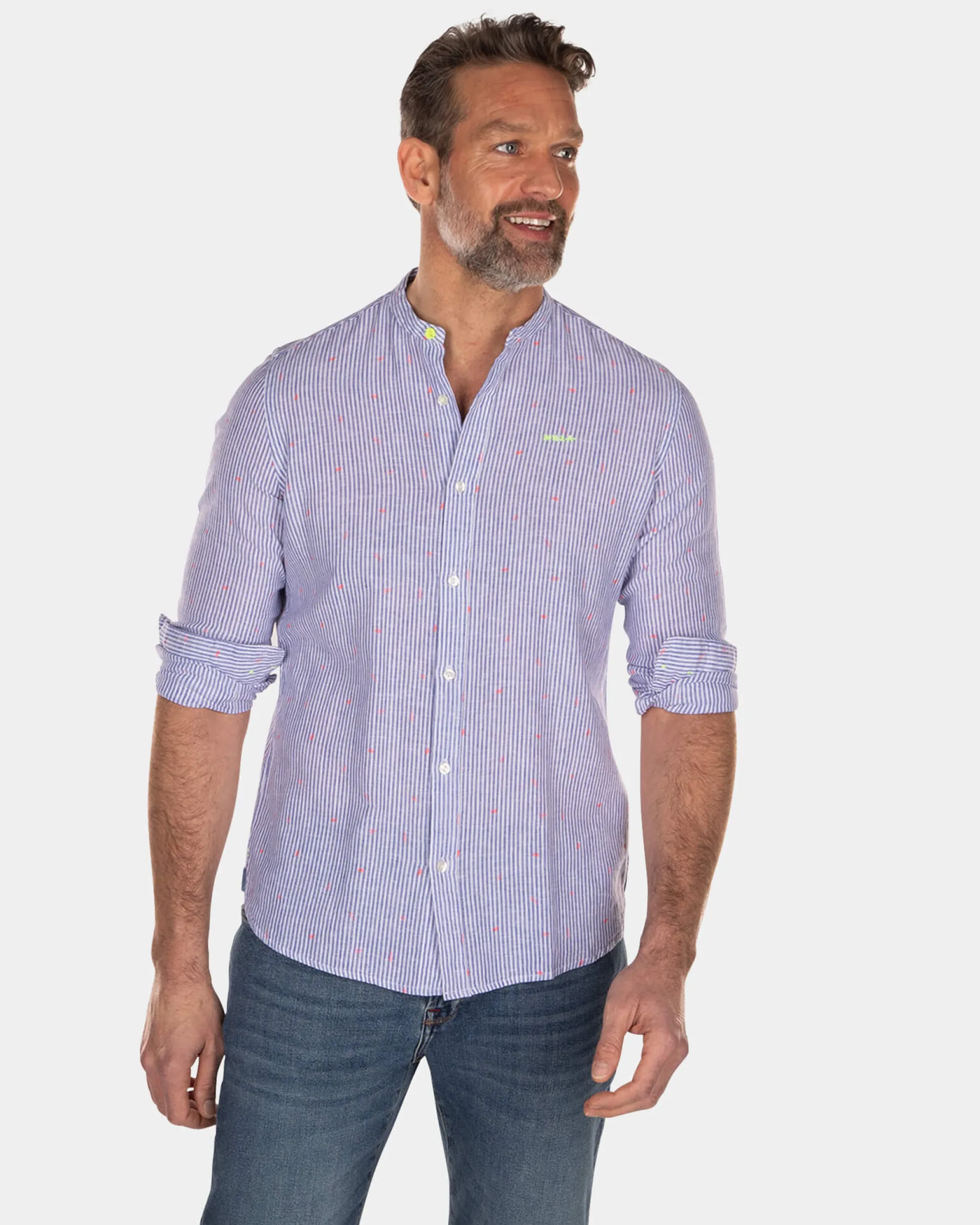 Striped collarless shirt - Light Blue