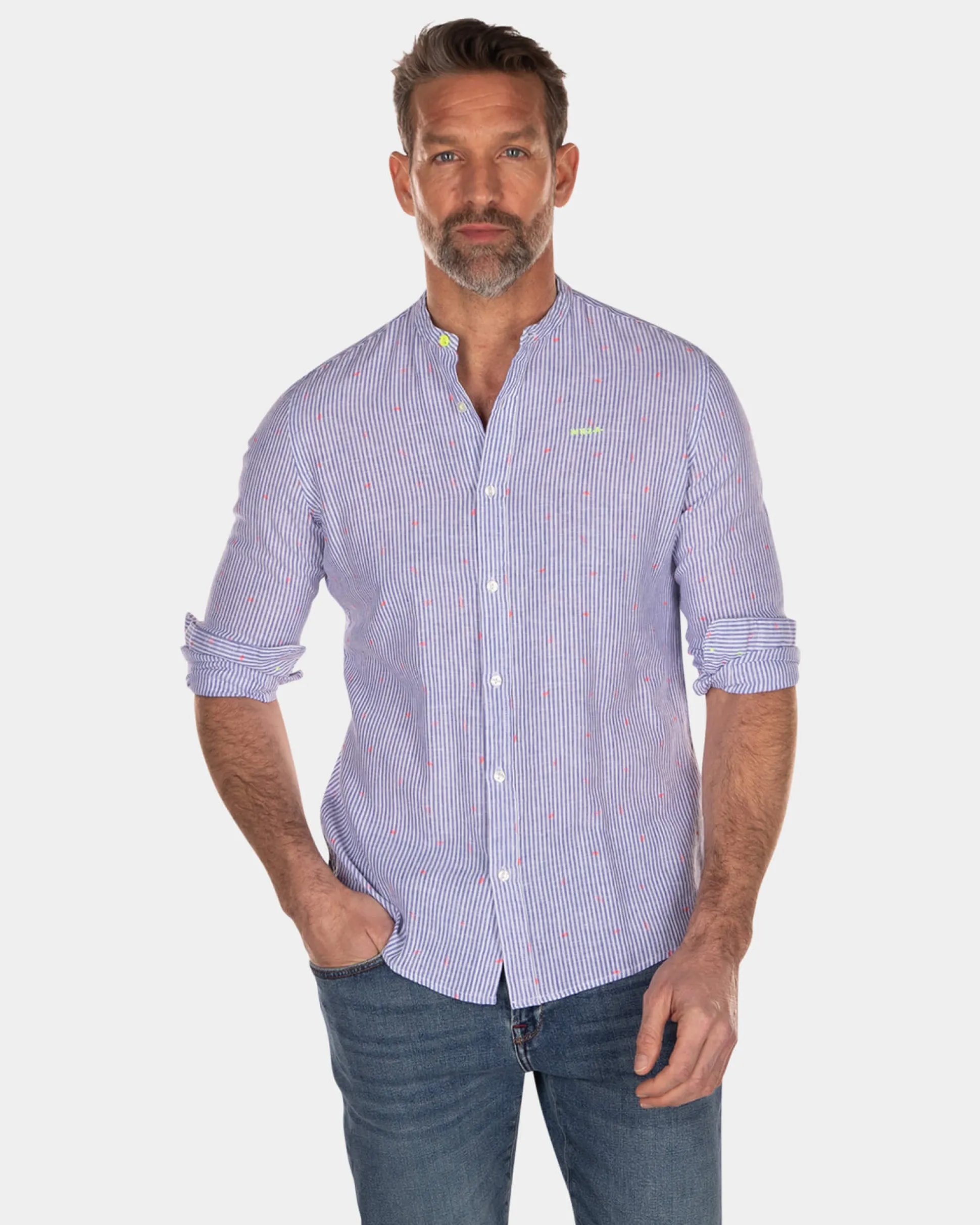 Striped collarless shirt - Light Blue