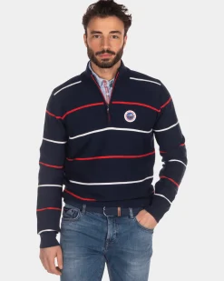 Striped jumper with half zip blue red white - Industrial Navy
