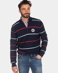 Striped jumper with half zip blue red white - Industrial Navy