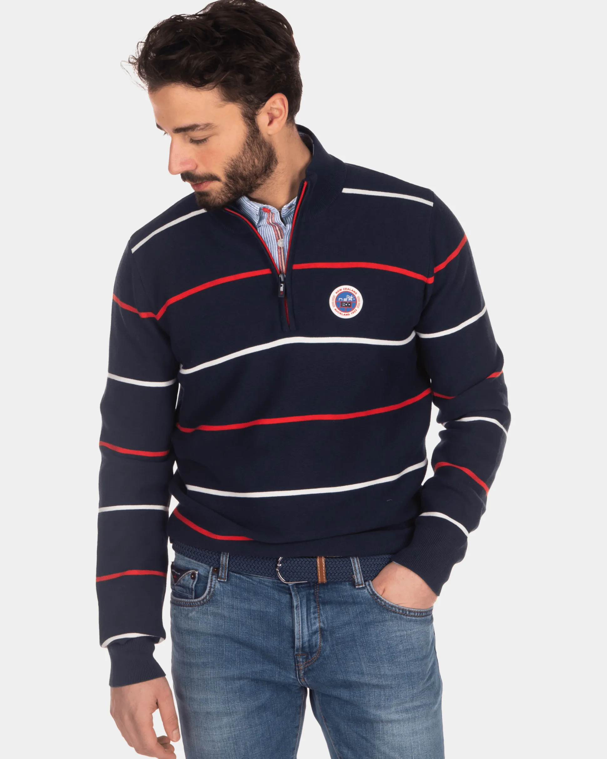 Striped jumper with half zip blue red white - Industrial Navy