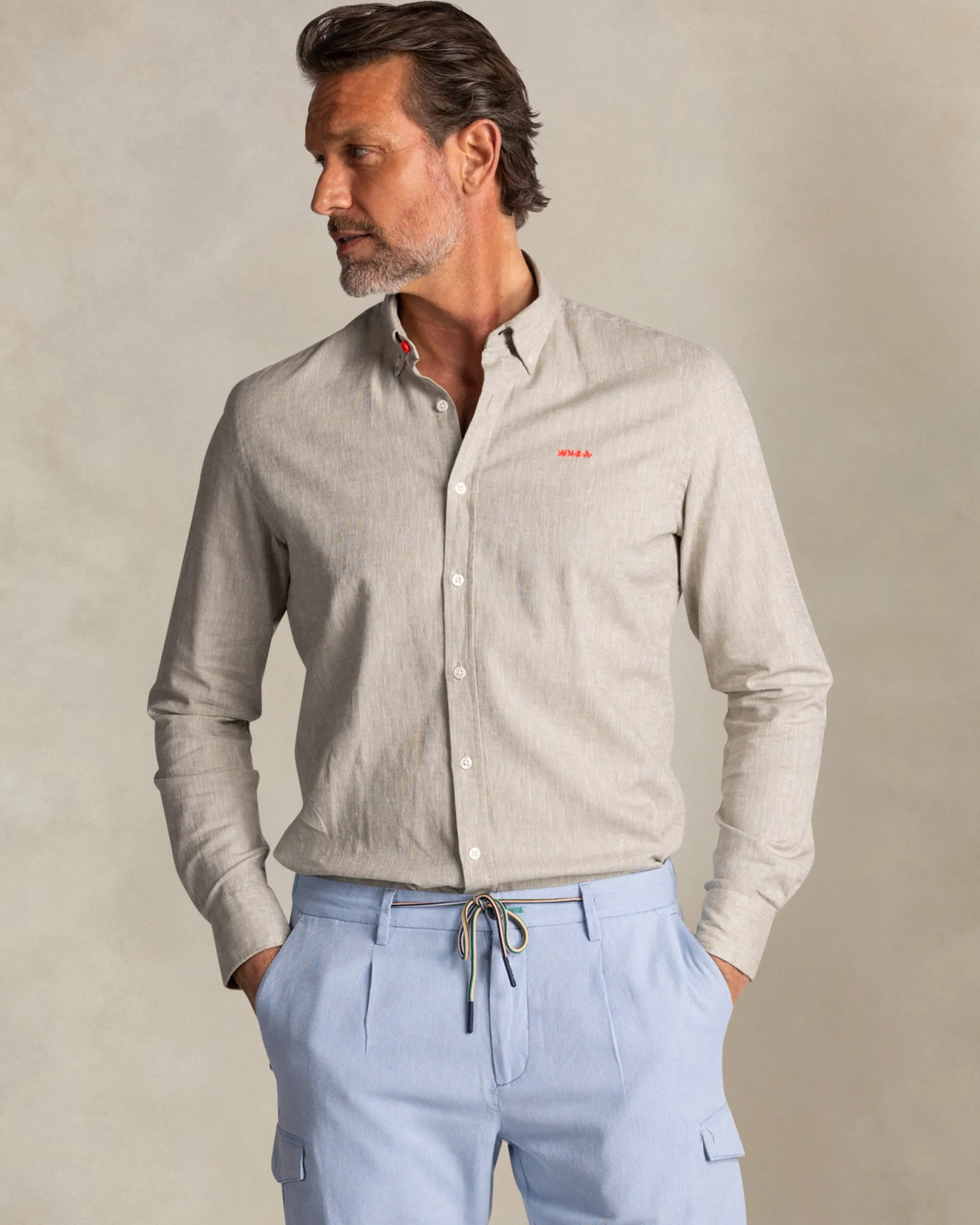Taupe cotton-linen long-sleeve shirt