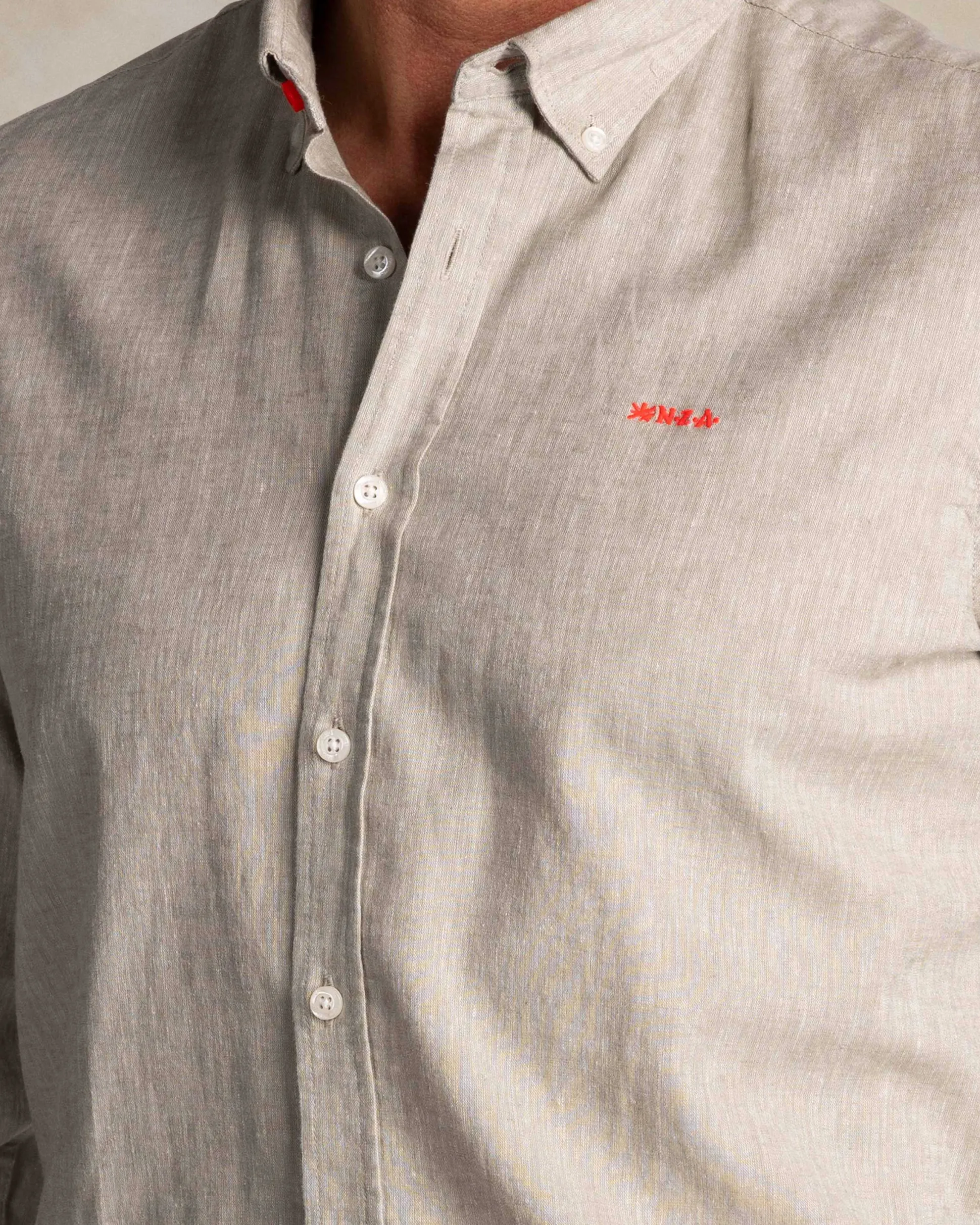 Taupe cotton-linen long-sleeve shirt