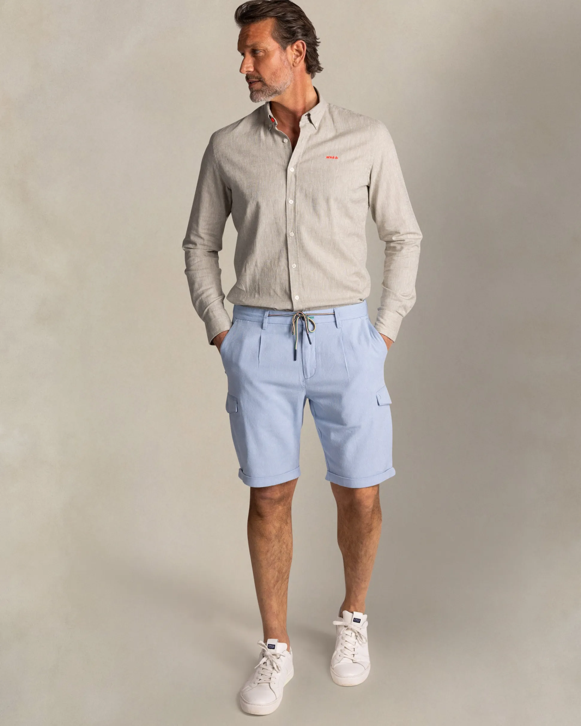 Taupe cotton-linen long-sleeve shirt