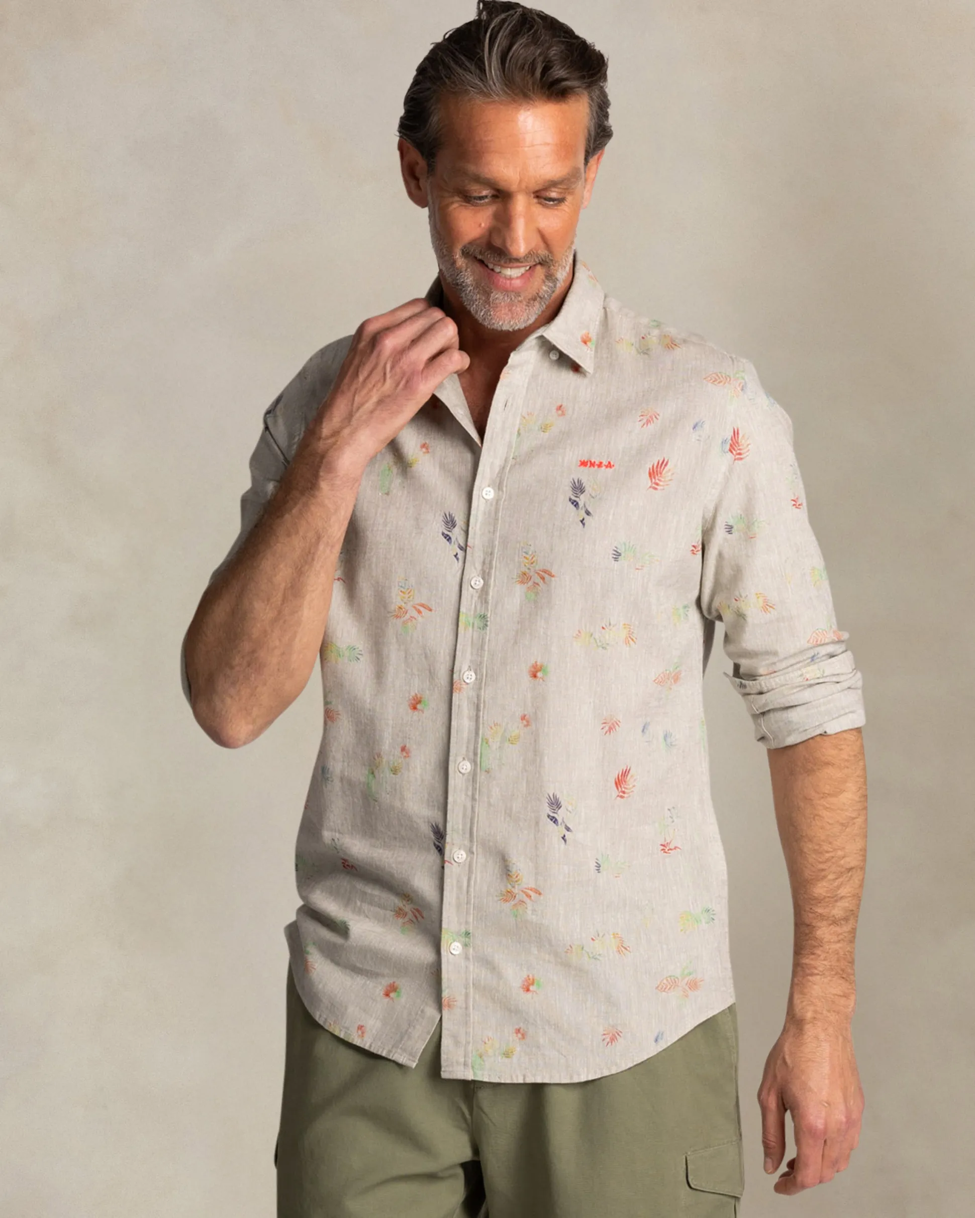 Taupe shirt with colorful floral print