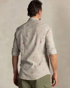 Taupe shirt with colorful floral print