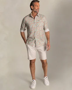 Taupe shirt with orange graphic print