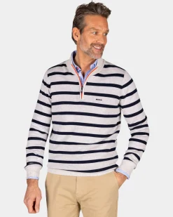 White cotton sweater with navy stripe