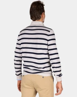 White cotton sweater with navy stripe