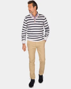 White cotton sweater with navy stripe