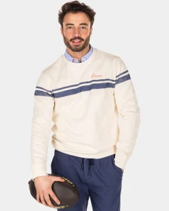 White crew neck sweater with blue stripe - Cream