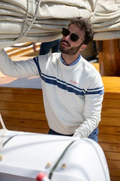 White crew neck sweater with blue stripe - Cream