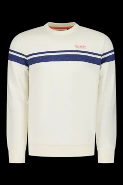 White crew neck sweater with blue stripe - Cream