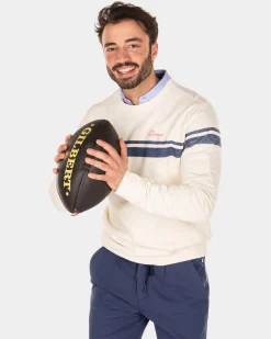 White crew neck sweater with blue stripe - Cream