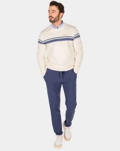 White crew neck sweater with blue stripe - Cream