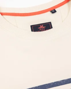 White crew neck sweater with blue stripe - Cream