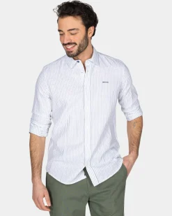 White Linen Shirt with Light Green Stripe
