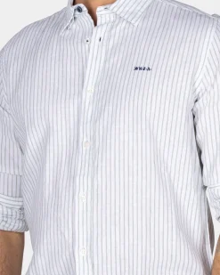 White Linen Shirt with Light Green Stripe