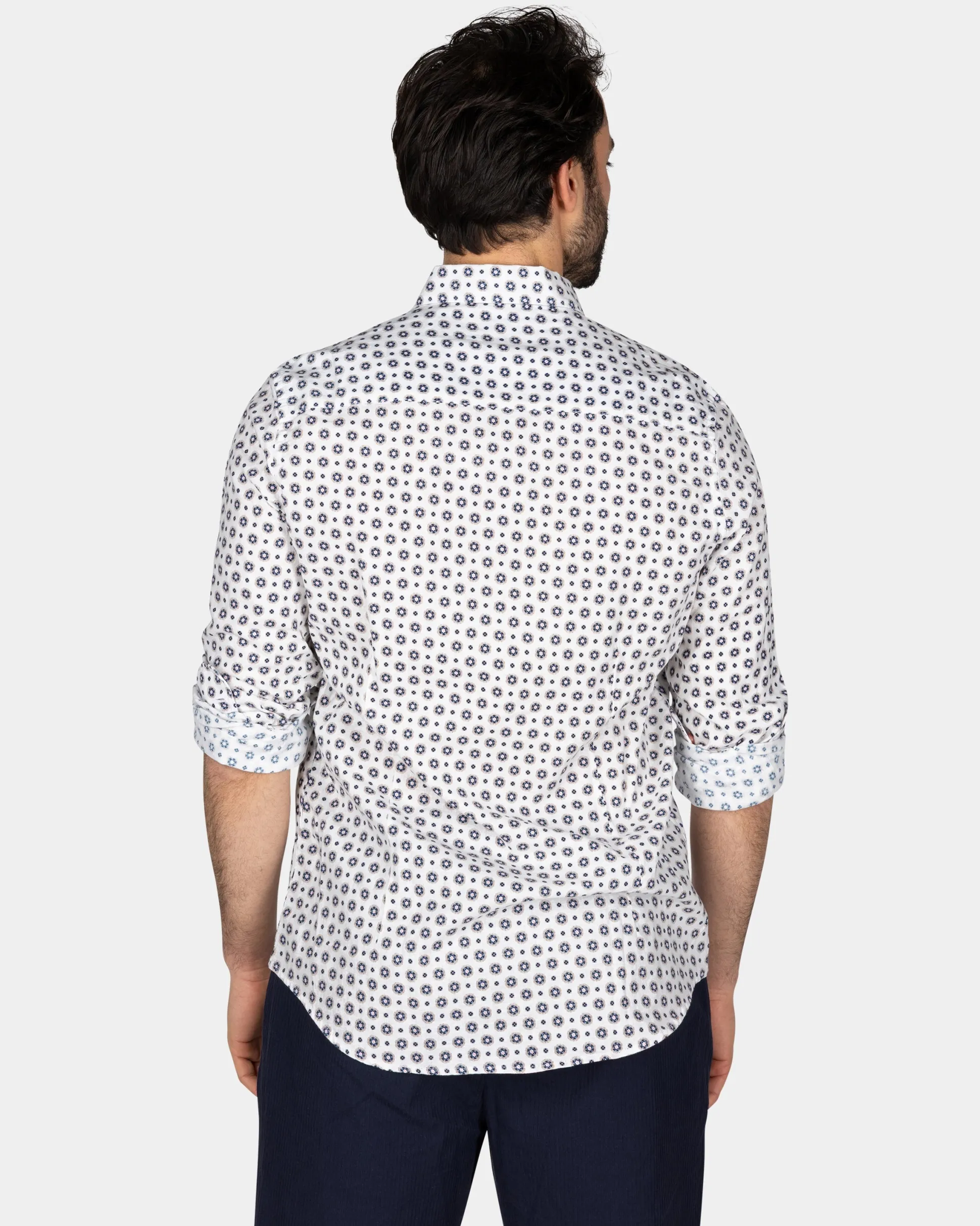 White Shirt with Blue Graphic Print