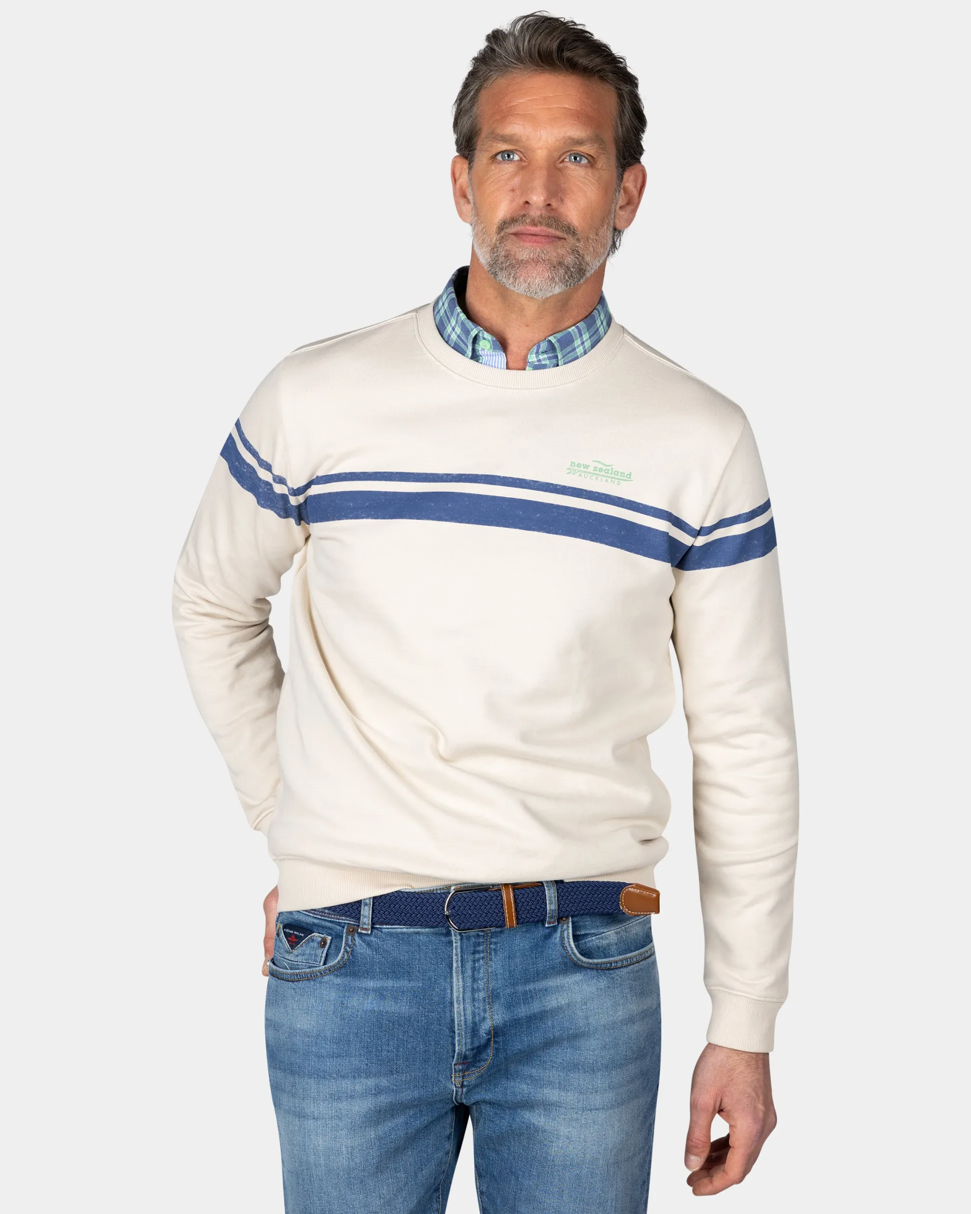 White sweater with light blue stripes