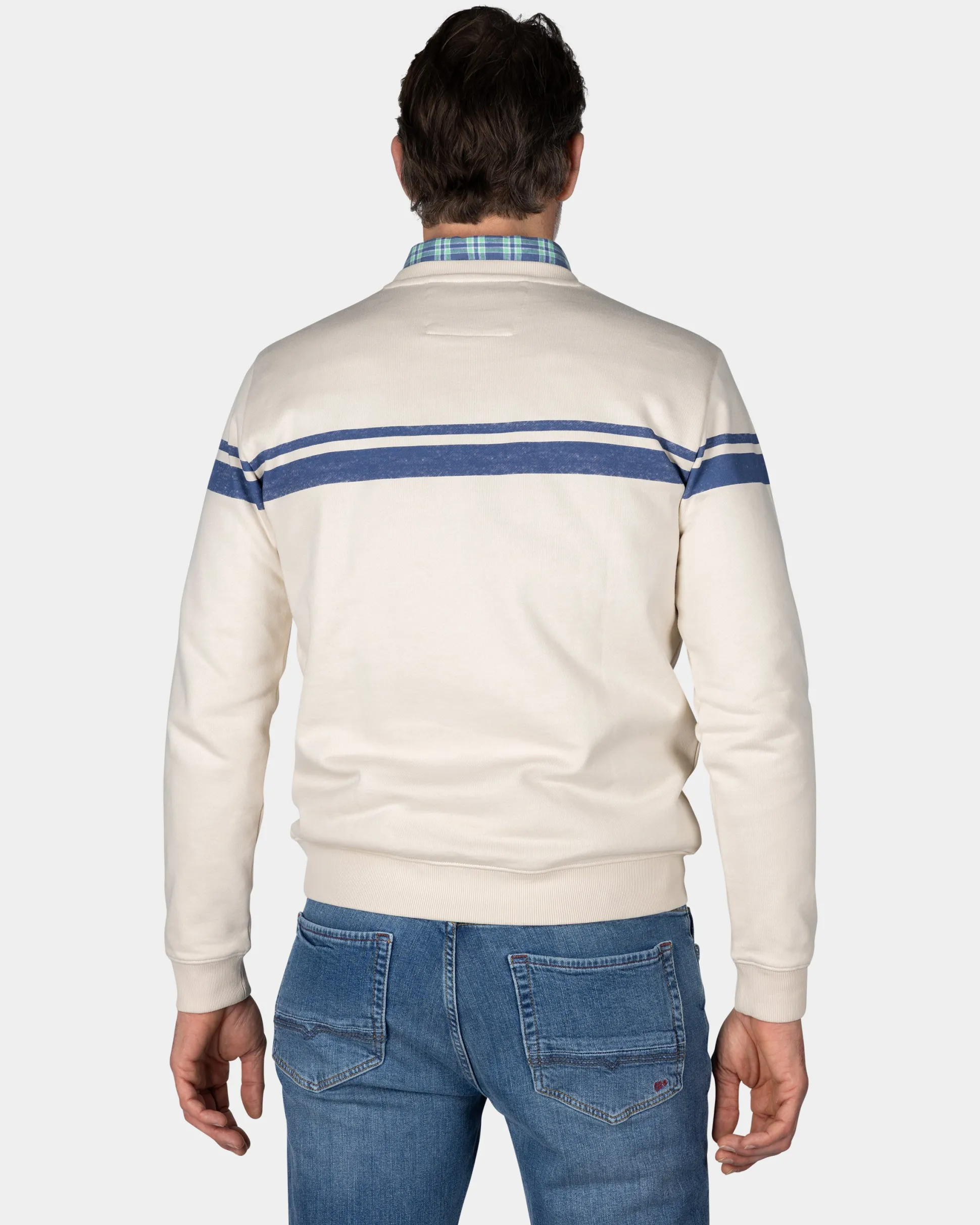 White sweater with light blue stripes