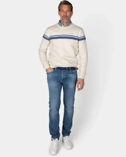 White sweater with light blue stripes